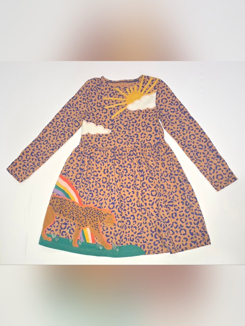 Mini Boden Tan Dress with Blue Leopard Print & Rainbow Appliqué